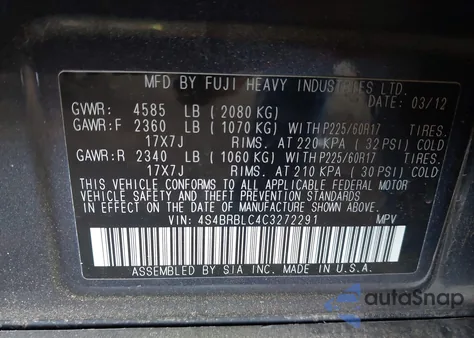 2012 Subaru Outback 2.5I Limited z USA, uszkodzony, nr VIN 4S4BRBLC4C3272291